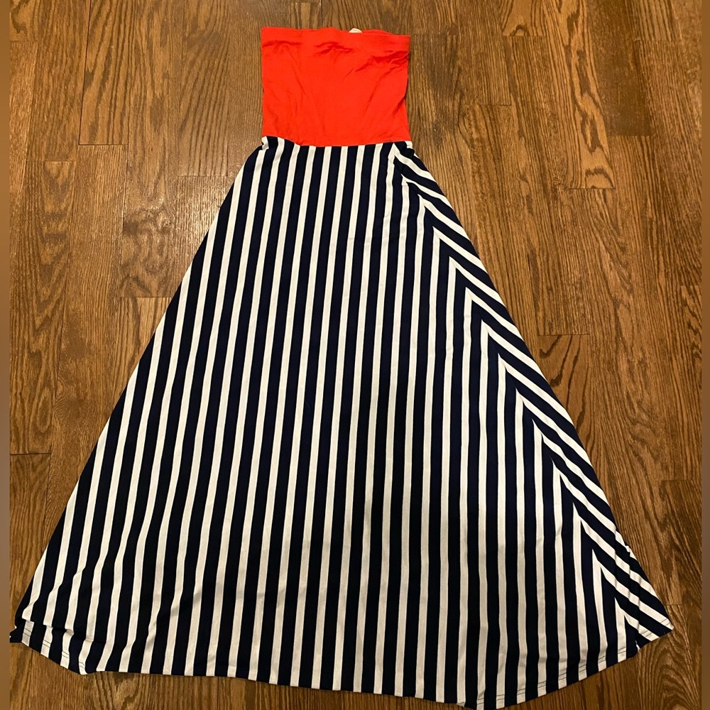 Strapless Maxi Dress, Red Top with Navy and White Striped Skirt Size XS